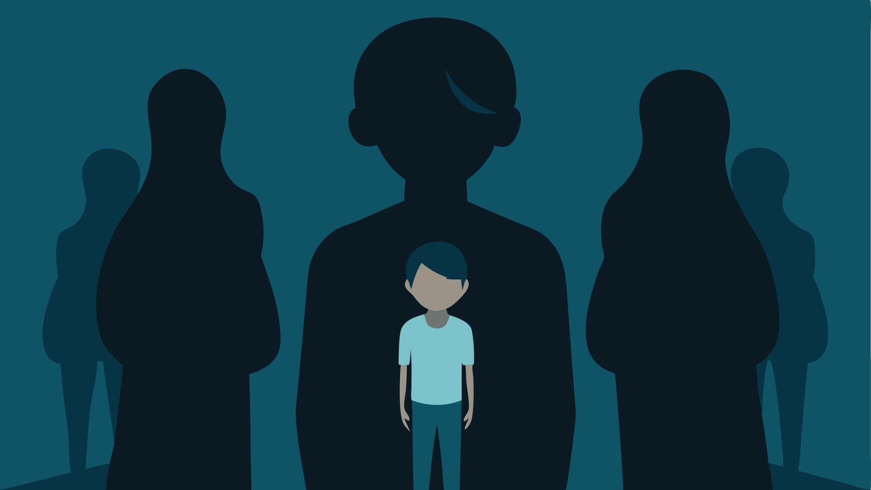 Silhouette with a Shadow Cast A silhouette of a person with a complex shadow behind them depicting the burdens and hidden traumas of those affected by human trafficking.. vector