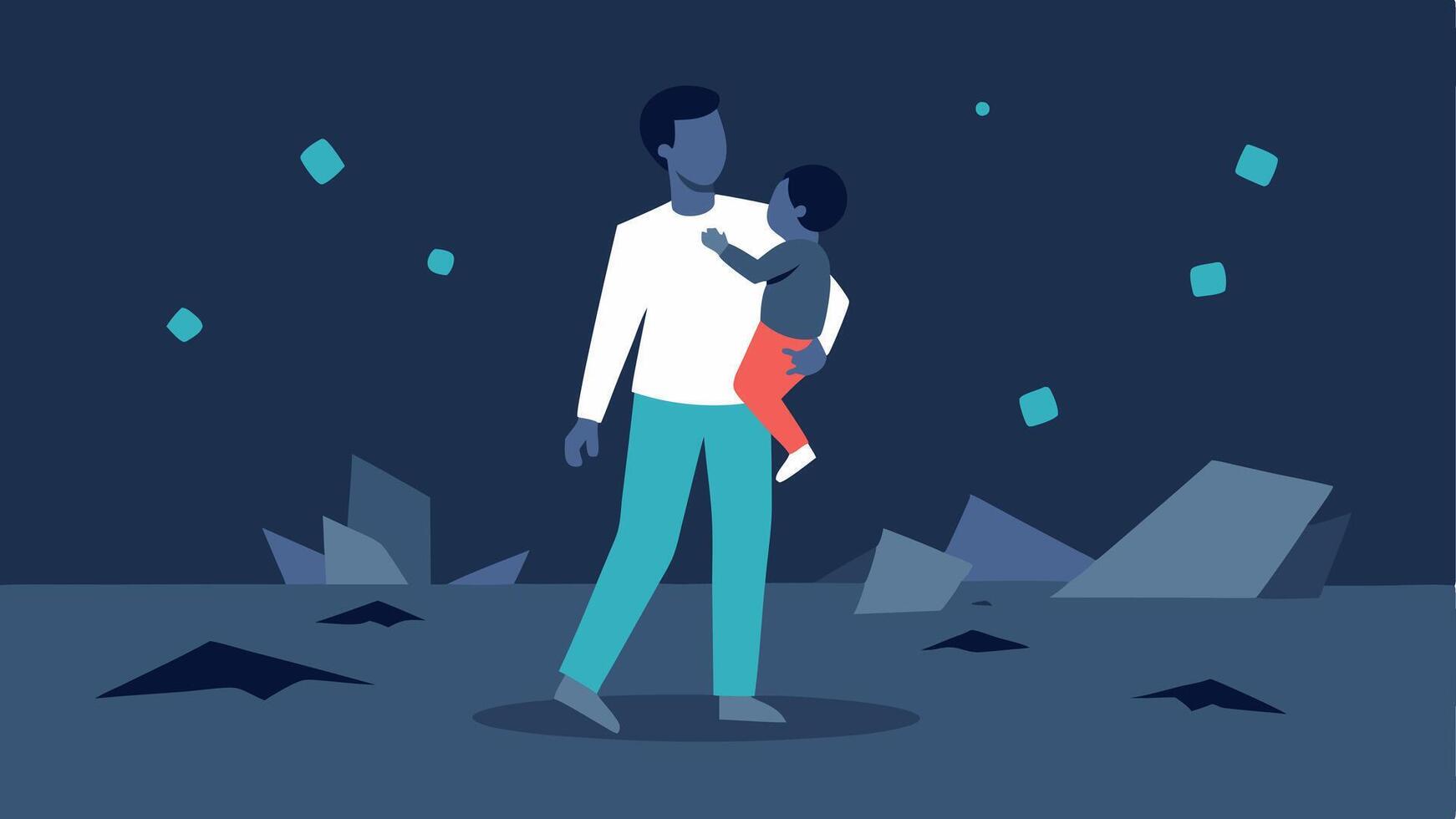 Single Parent with Children A single parent holding a childs hand while carrying a toddler on their hip surrounded by debris from a recent hurricane conveying a sense of urgency. vector