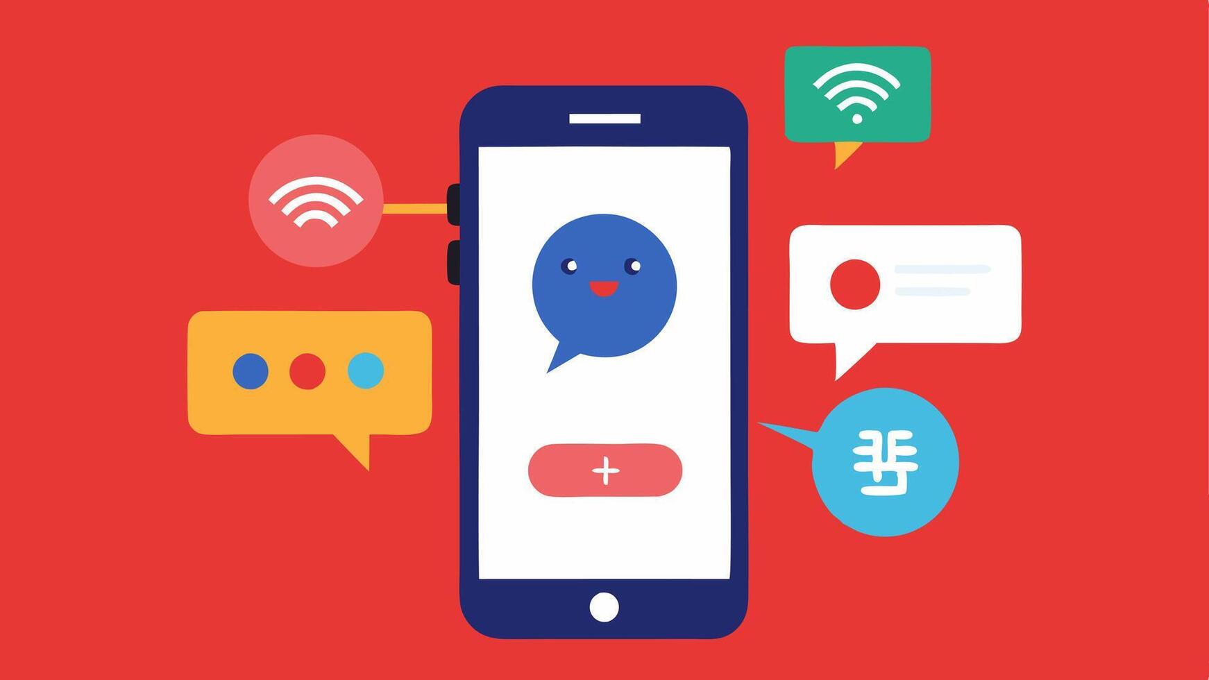 Smartphone Assistant A smartphone displaying an interactive interface where a user speaks into it and the AI translates their words into various languages simultaneously.. vector