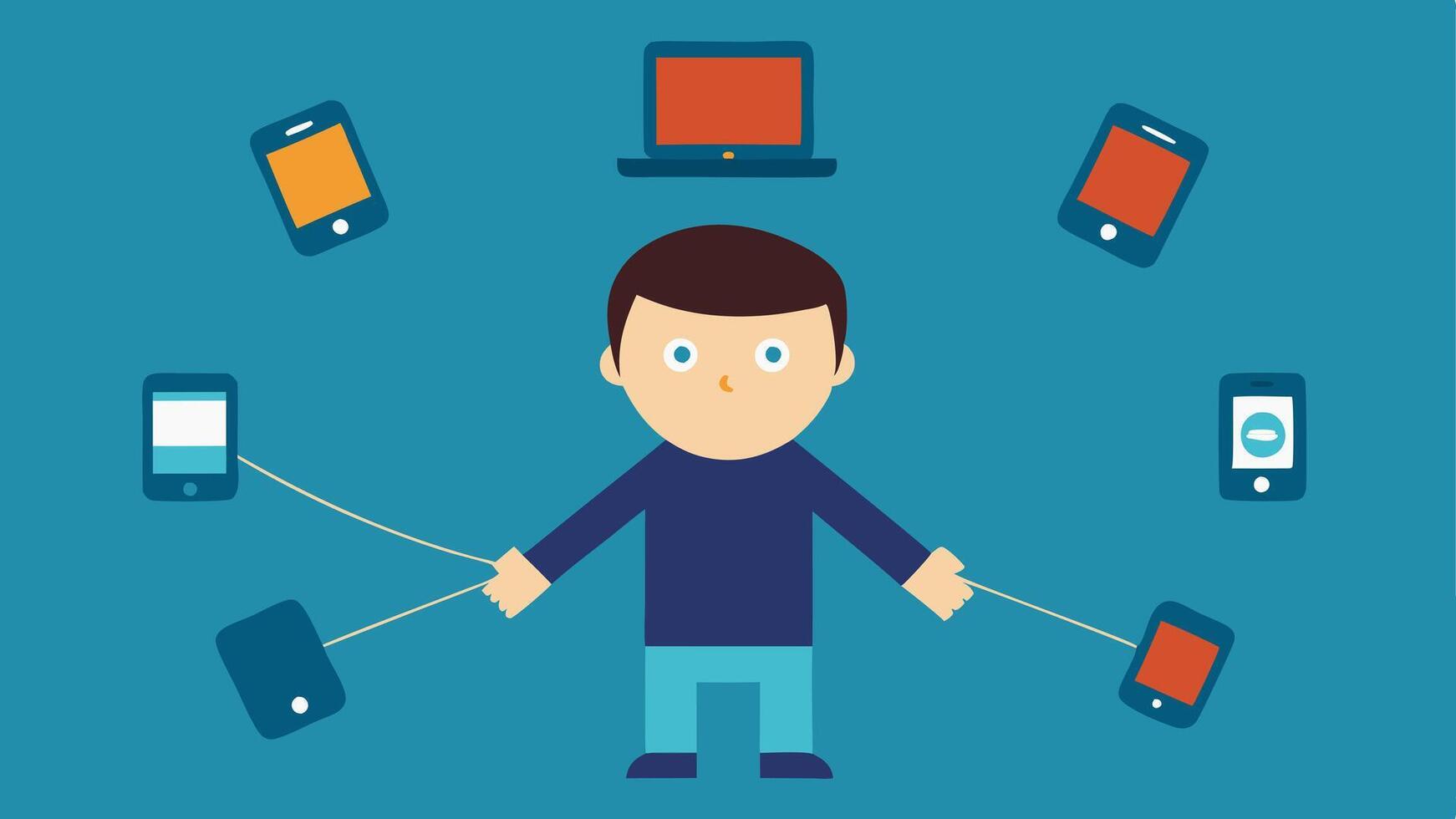 Puppet on a String A child with strings attached to their arms and legs being puppeteered by various devices like tablets and phones hovering above them symbolizing a lack of. vector