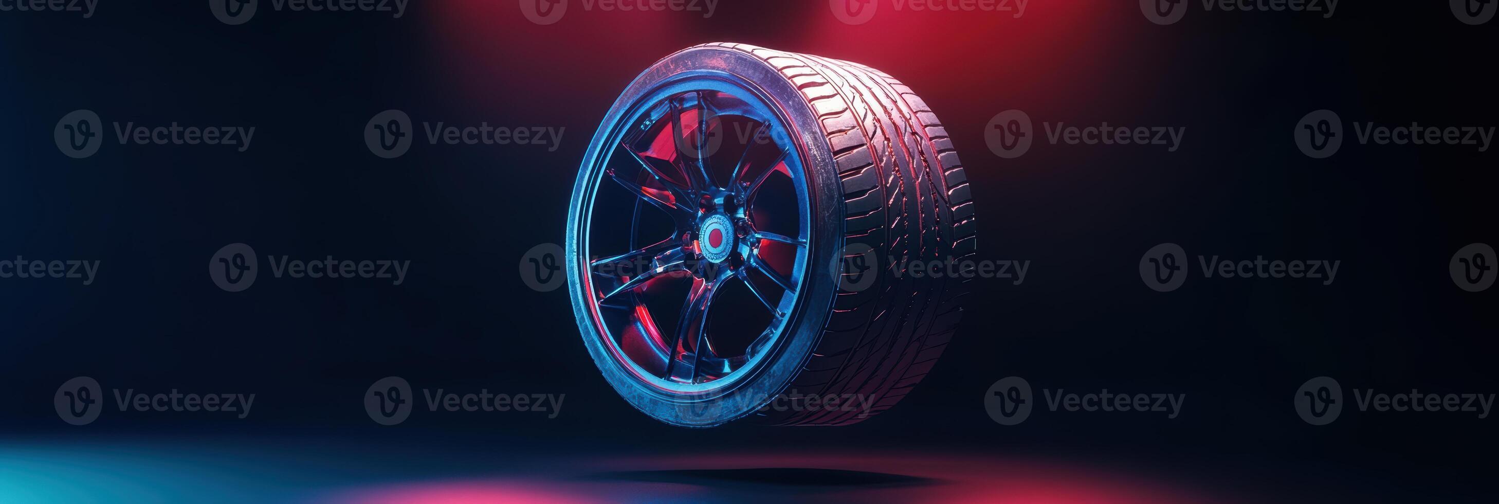 Glossy black car tire with sleek red and blue lighting showcasing modern design and automotive innovation in a dynamic presentation. Tires with rubber tread on alloy wheels photo