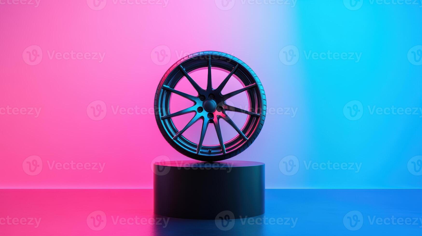 Sleek black alloy wheel displayed on minimalist pedestal with vibrant blue and pink gradient background illuminating the scene. Tires with rubber tread on alloy wheels photo