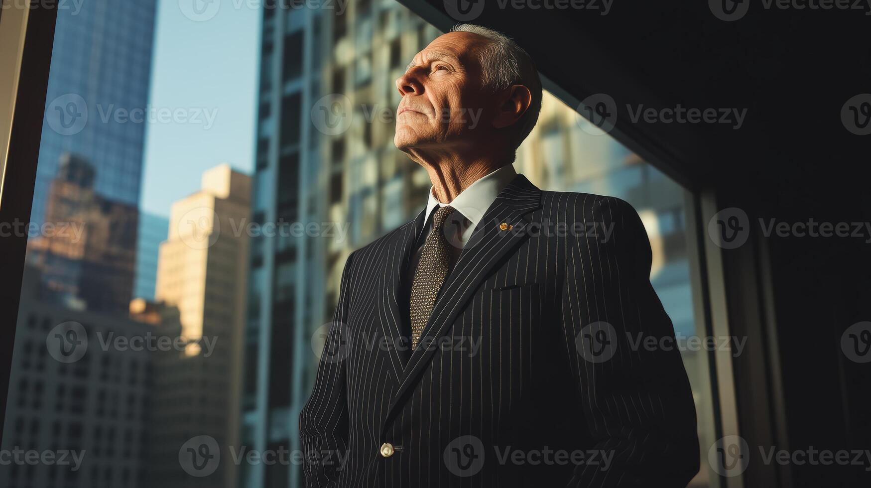 Elderly caucasian male executive in striped suit gazing out a high-rise window at sunset in an urban city setting with tall buildings. Work environment stressful photo