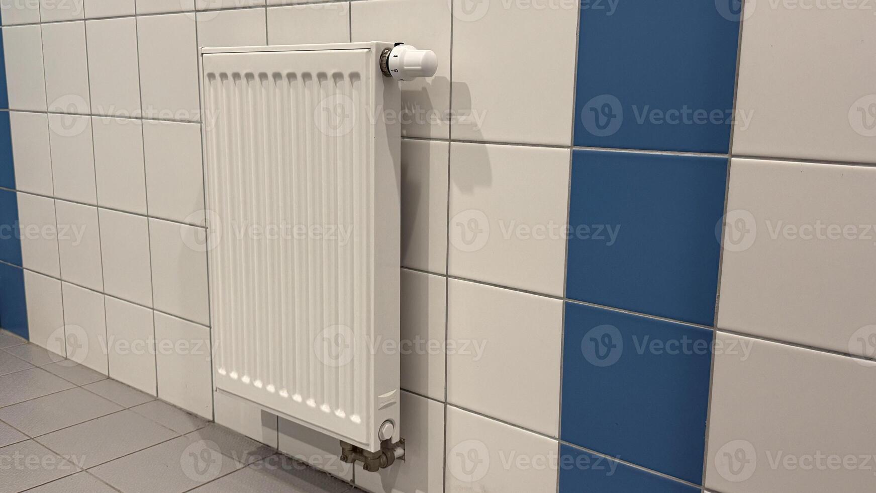 Modern white radiator on tiled wall featuring blue and white checkered pattern in a contemporary indoor setting for efficient heating needs photo