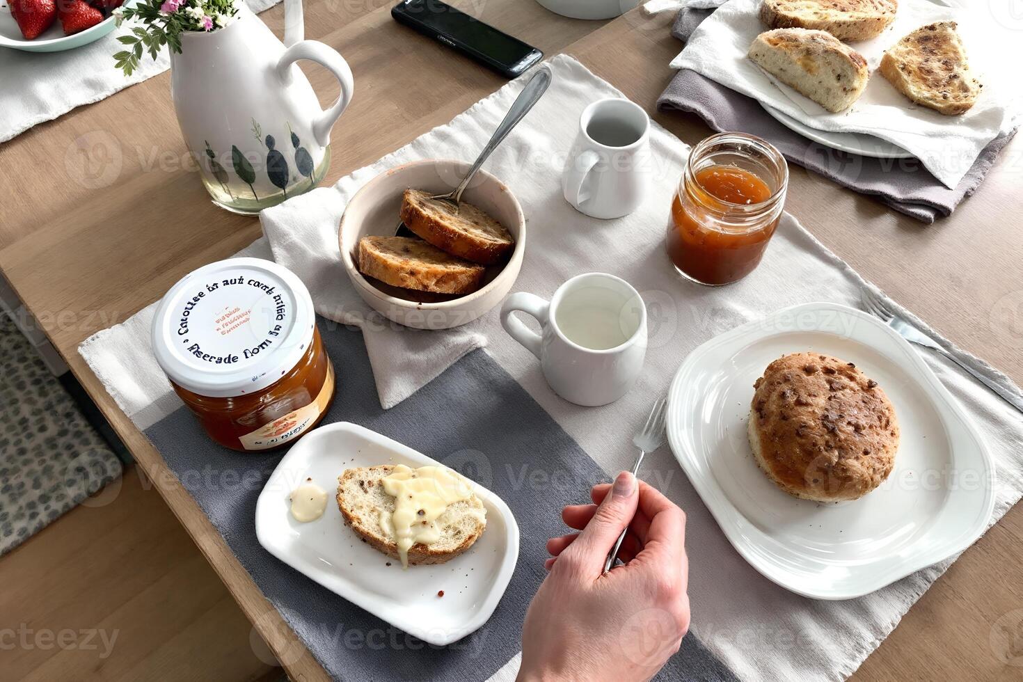 cottagecore breakfast table with jam, bread, photo