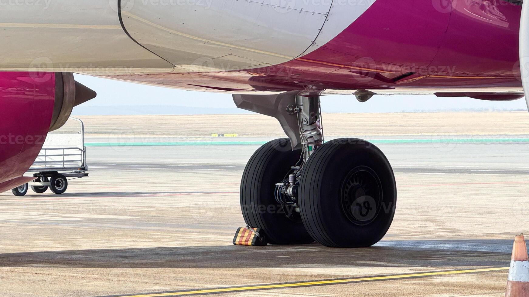 Landing gear close-up of large commercial airplane with pink and white design on runway against a clear sky and open landscape photo