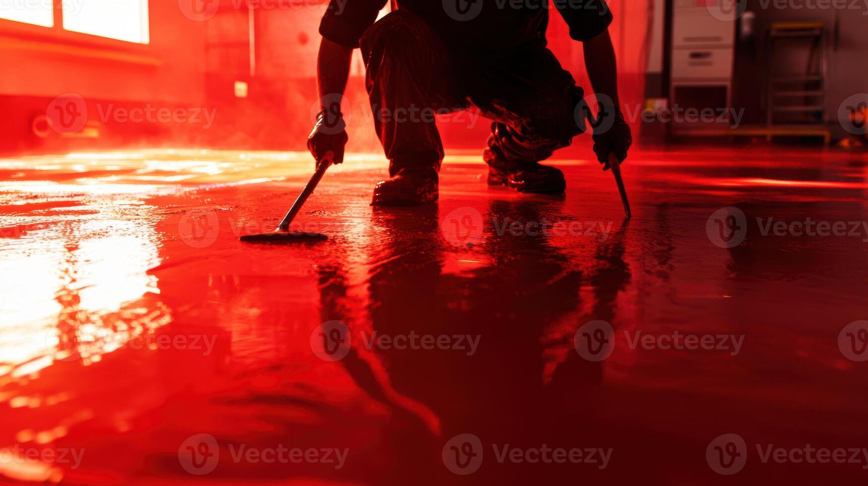 Mysterious scene of a worker creating art on a glossy red floor in an industrial setting with dramatic lighting and intense focus. Workers painting epoxy resin floor photo