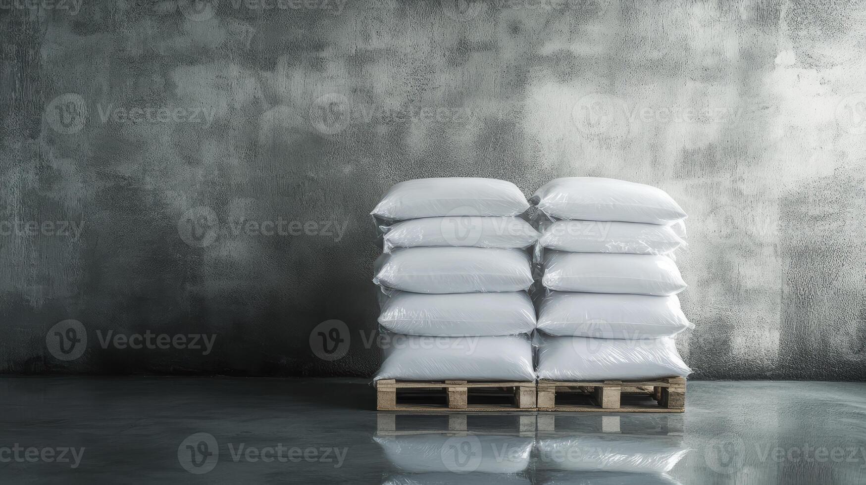 Stack of eleven white cement bags on wooden pallet against industrial gray concrete wall interior with glossy floor photo