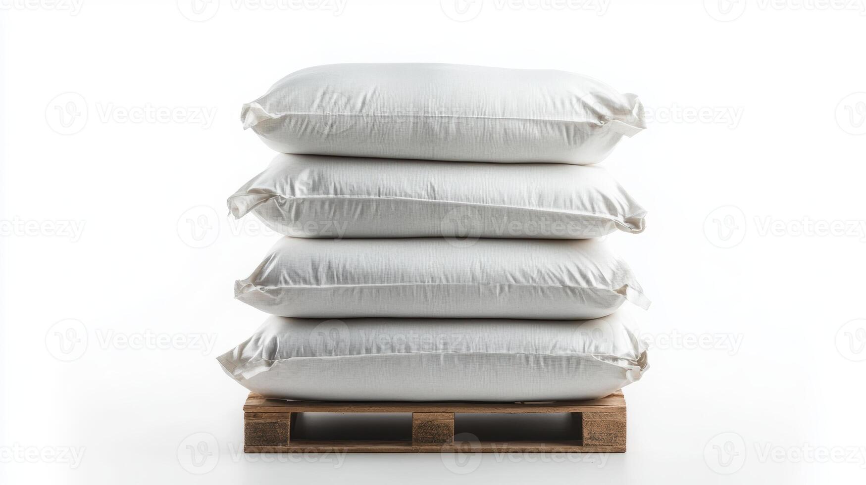 Four large white bags stacked neatly on a wooden pallet against a clean white background highlighting order and simplicity in packaging photo