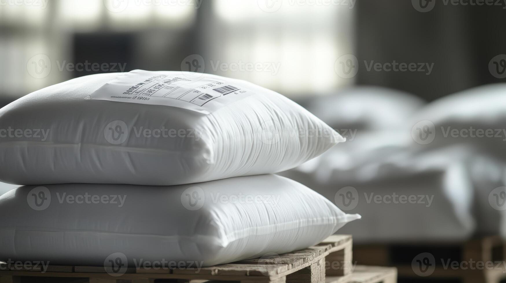 Stack of white industrial bags on wooden pallets in warehouse setting with soft lighting and blurred background for versatile storage and shipping photo