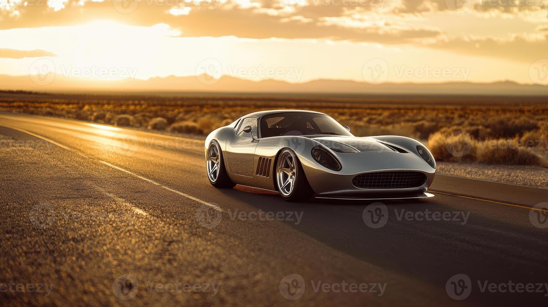 Vintage silver sports car on remote desert road at sunset, reflecting golden skies and surrounded by tranquil landscapes, evoking timeless elegance. Tires with rubber tread on alloy wheels photo