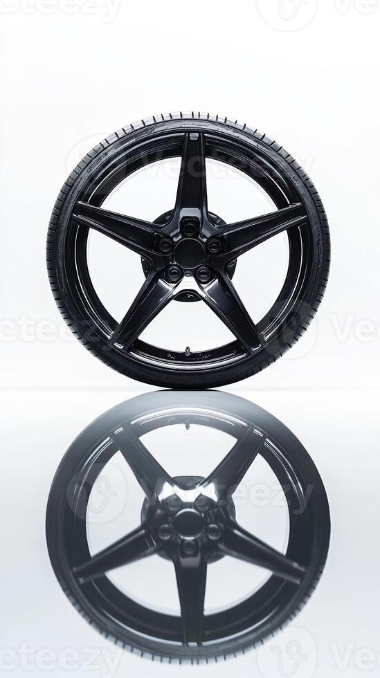 Sleek black car tire reflecting symmetry on glossy surface showcases modern automotive design and engineering precision. Tires with rubber tread on alloy wheels photo