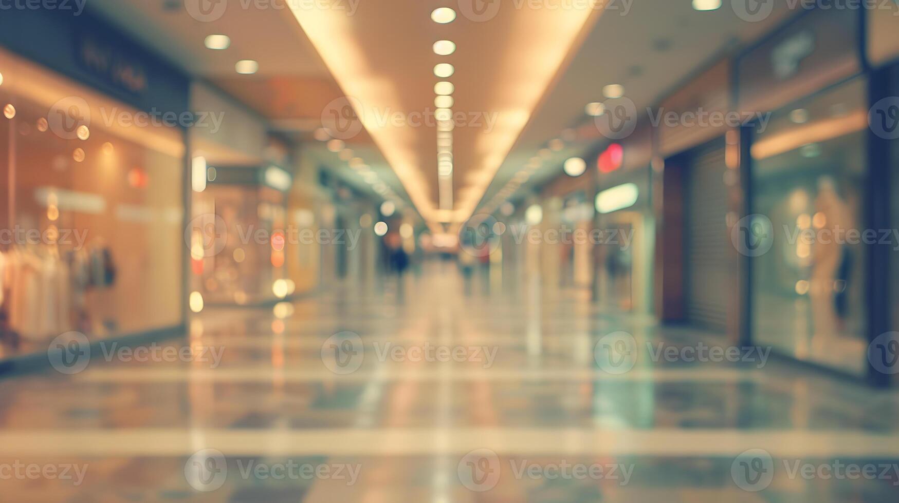 Blurred view of a modern shopping mall hallway with soft lighting photo