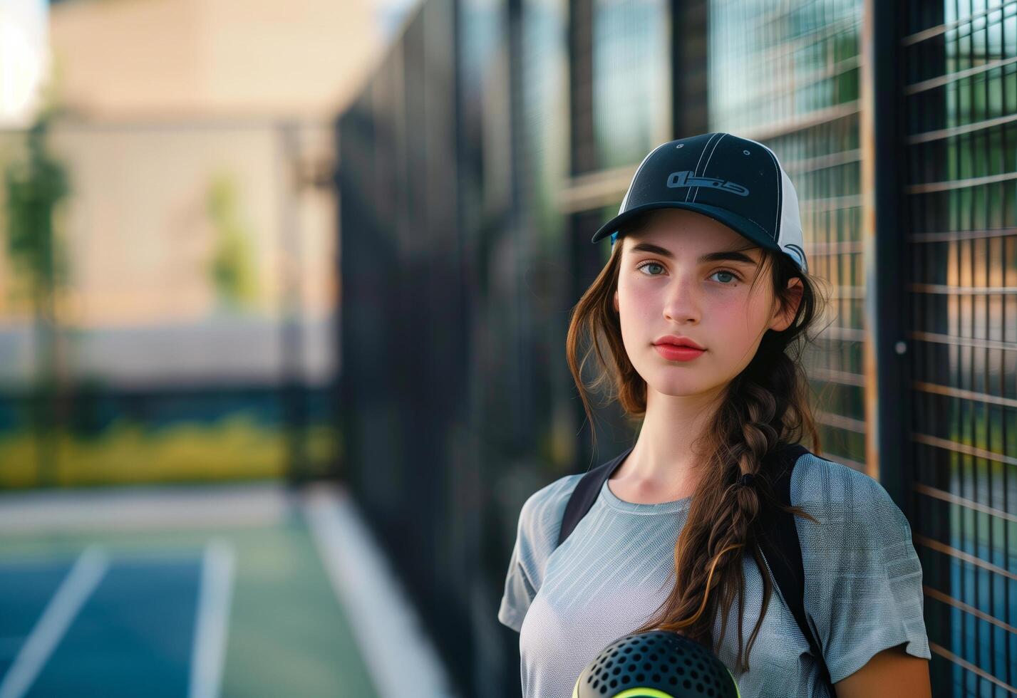 Portrait of a Young Female Athlete in a Tennis Outfit Holding a Paddle photo