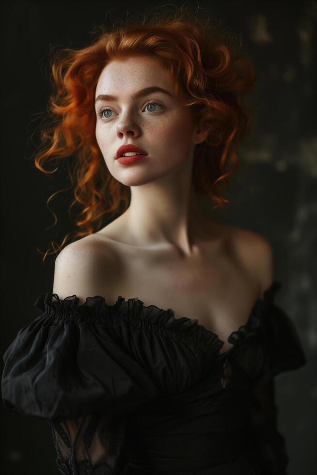 Portrait young woman with red curly hair wearing an elegant black off-the-shoulder dress in moody lighting photo