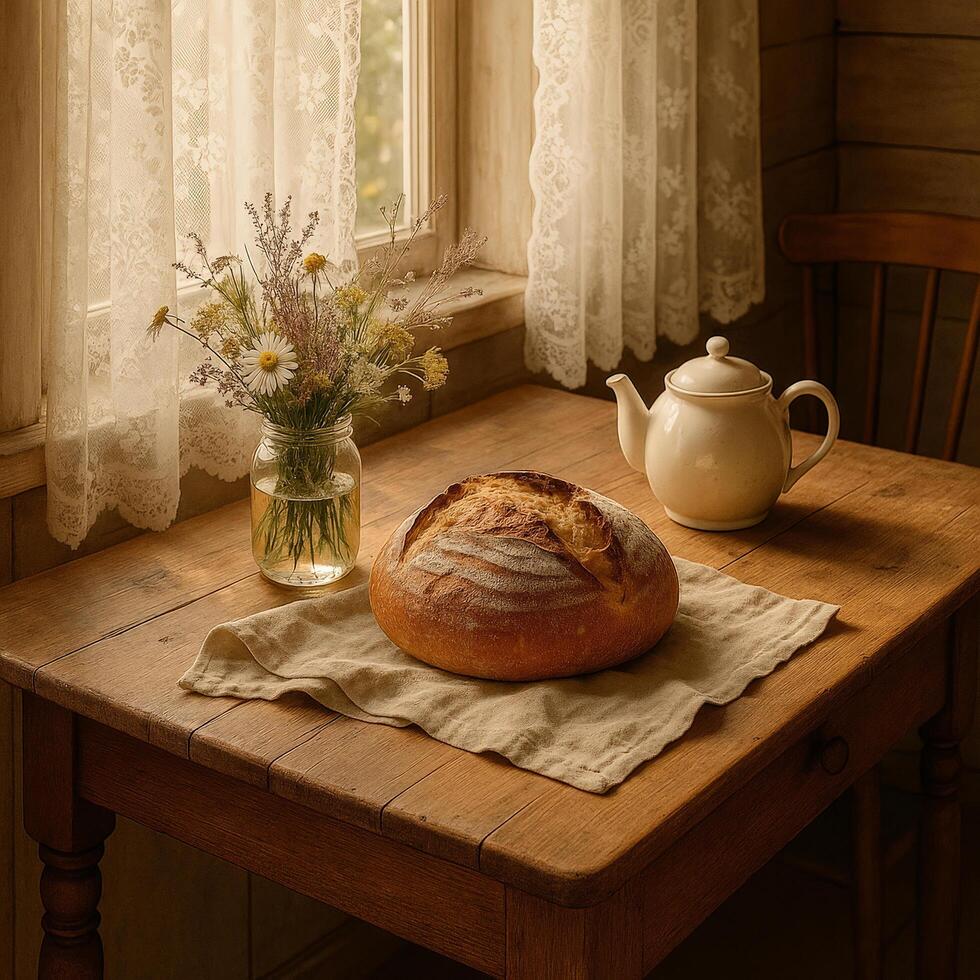 Rustic sourdough loaf with wildflowers and teapot on wooden table photo