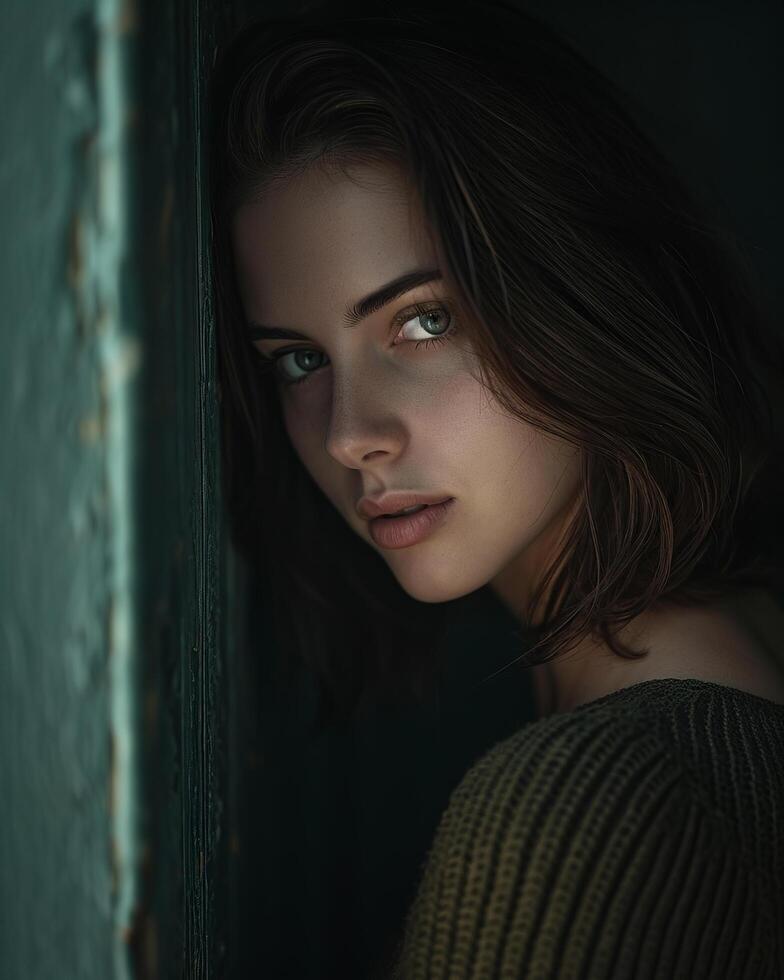 Portrait young woman with striking green eyes and soft lighting, leaning against a textured wall photo
