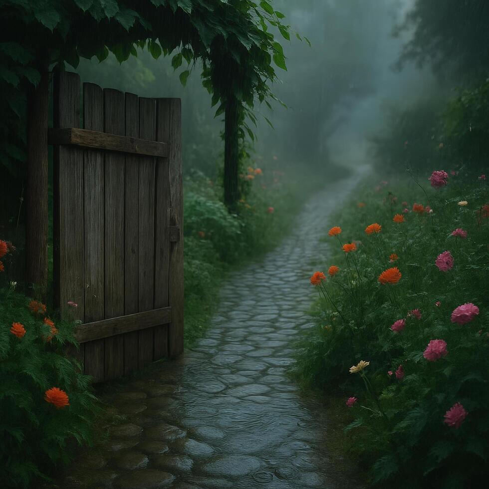 Misty garden path through blooming flowers under gentle rainfall photo