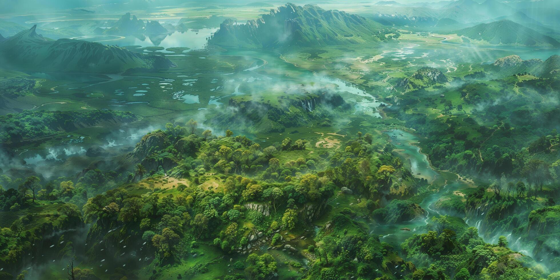Aerial View of Misty Green Valleys and Rivers photo