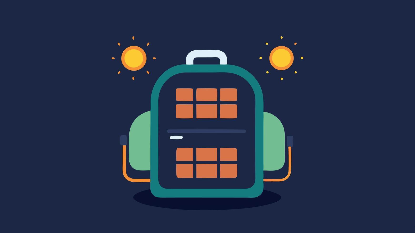 SolarPowered Backpack A trendy backpack equipped with solar panels showcasing glowing icons indicating power levels for devices with patterns that change based on sunlight. vector