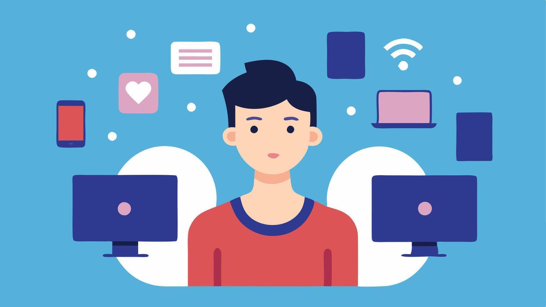 Remote Work Concerns A young person sitting at home juggling multiple online job applications and virtual meetings but feeling isolated and disconnected from colleagues.. vector