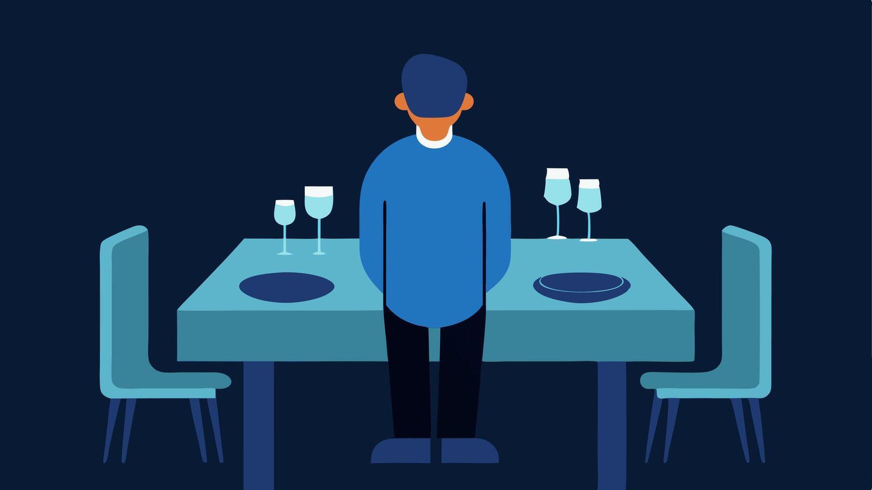 The Empty Table A dinner table set for multiple guests but only one person is sitting alone their smartphone propped up as if it were a companion showcasing the loneliness of. vector