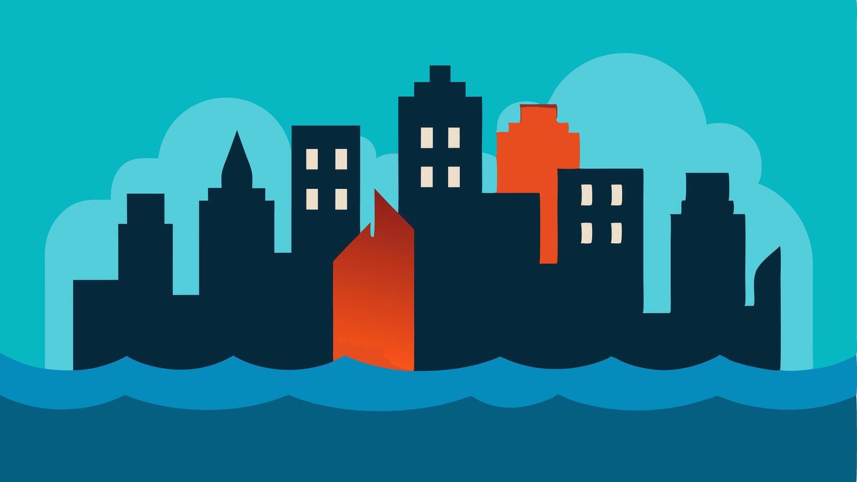 Rising Sea Levels An of a coastal city silhouette with water rising around buildings depicting the impact of rising sea levels on urban areas.. vector