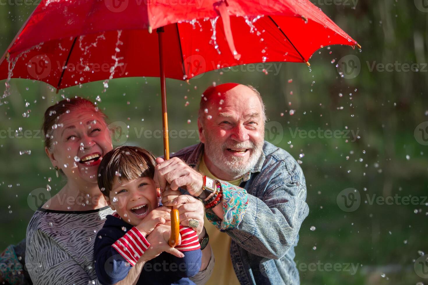 Grandfather and grandson are holding an umbrella, and grandmother is looking at them. The scene is fun and light-hearted. family in the rain. photo