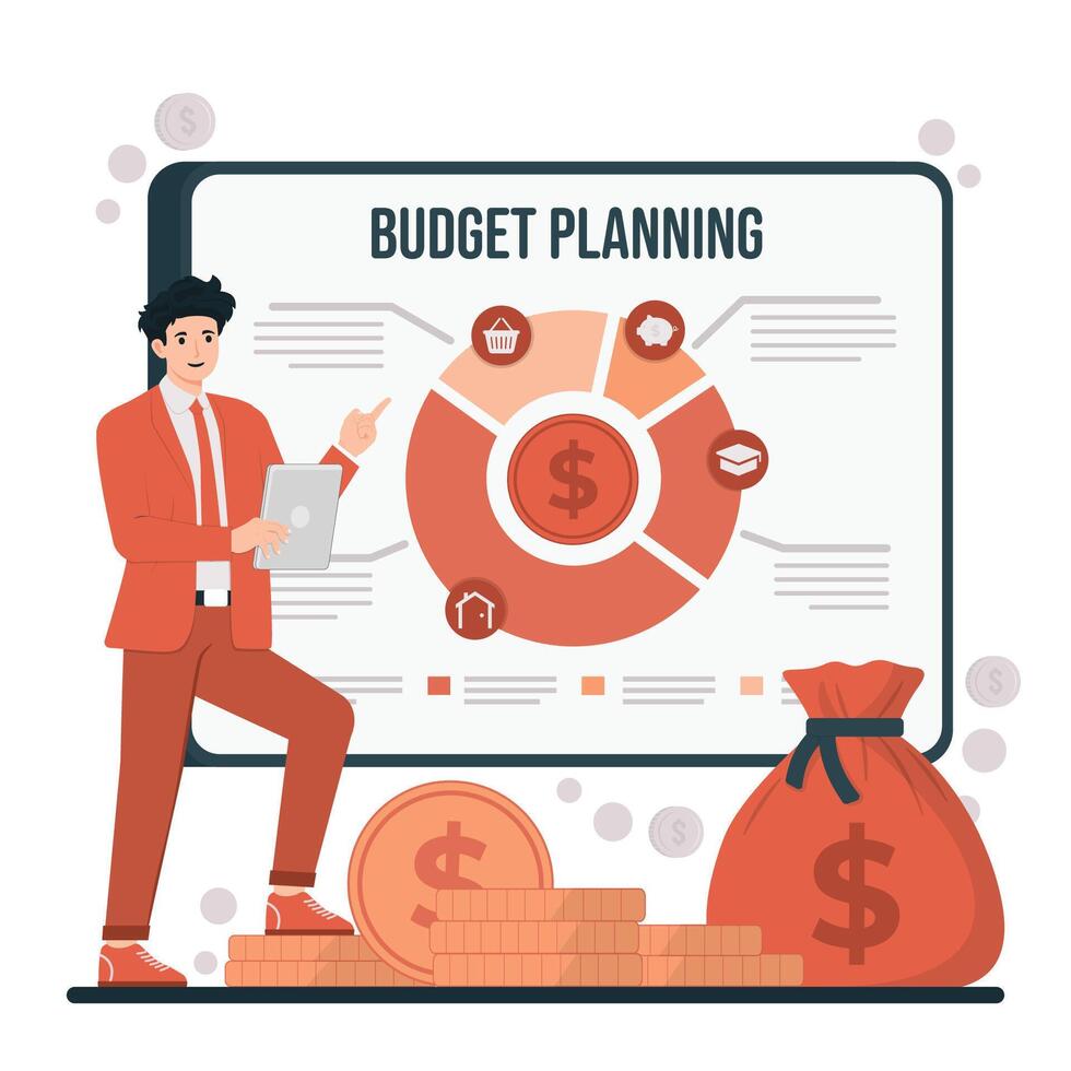 Budget planning concept. Businessman planning and analyzing budget. illustration in flat style vector