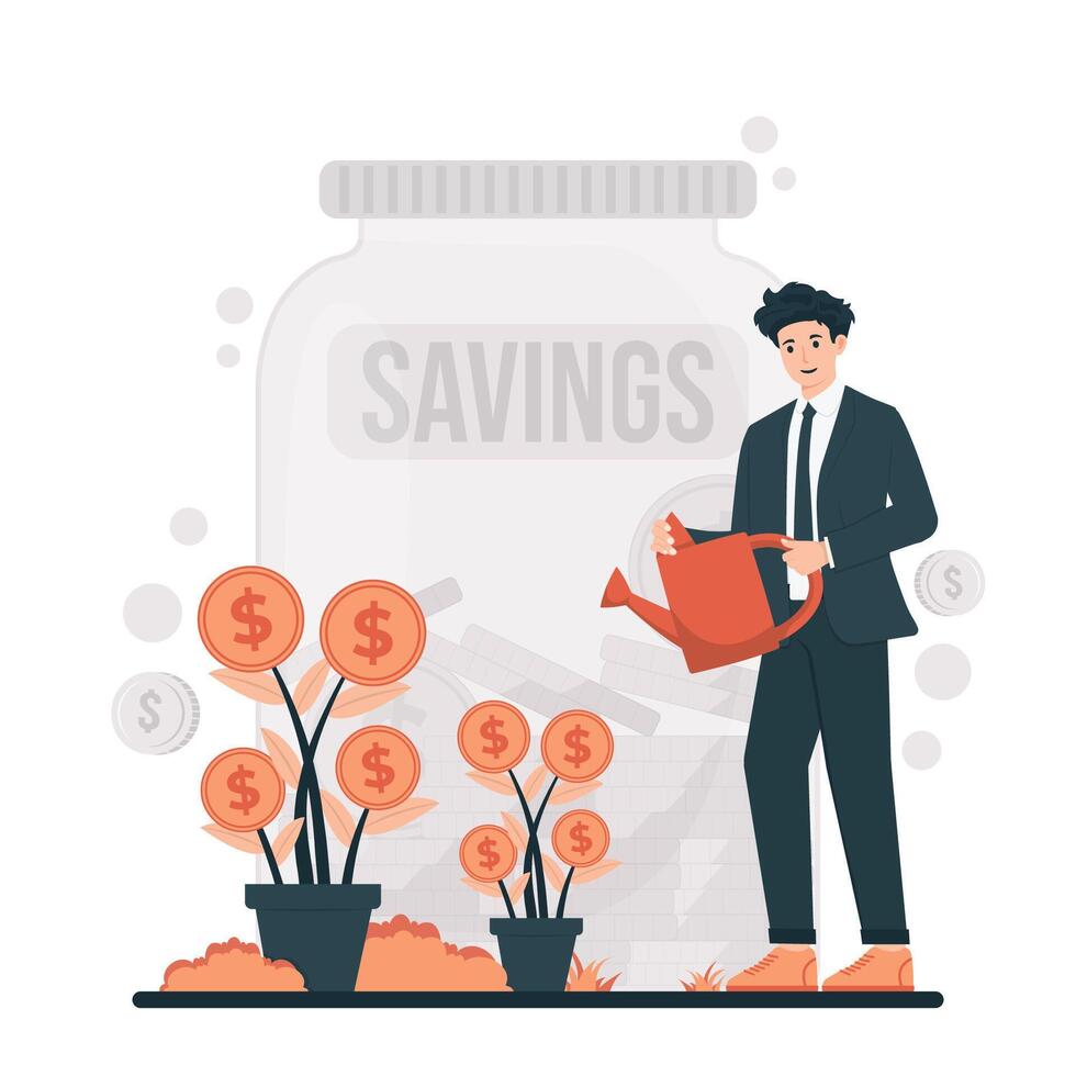 Saving money Investment concept. Businessman watering money tree from jar. illustration in flat style vector
