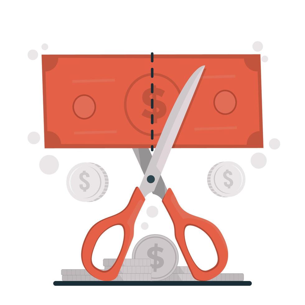Cost reduction concept illustration showing business strategies to optimize spending, cut unnecessary costs, and increase financial efficiency vector