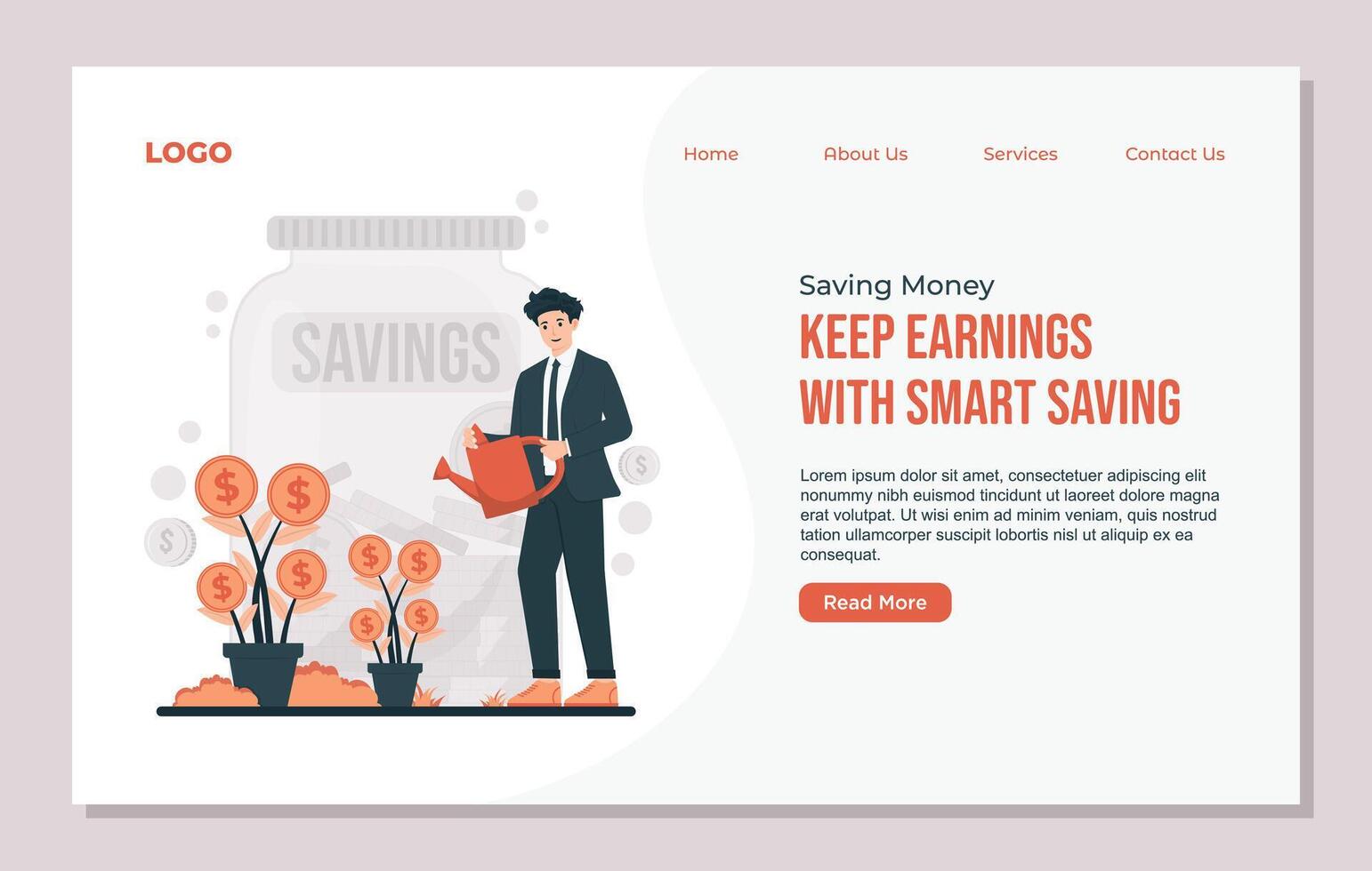 landing page template for saving money in a jar. Businessman with a watering can. vector