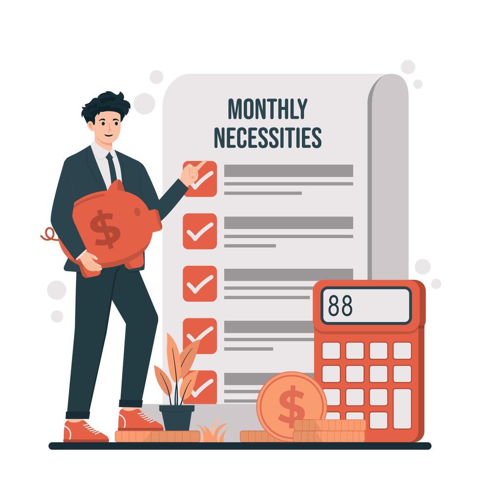 Businessman holding a piggy bank and a document with the inscription Budget planning Saving. Flat illustration. vector