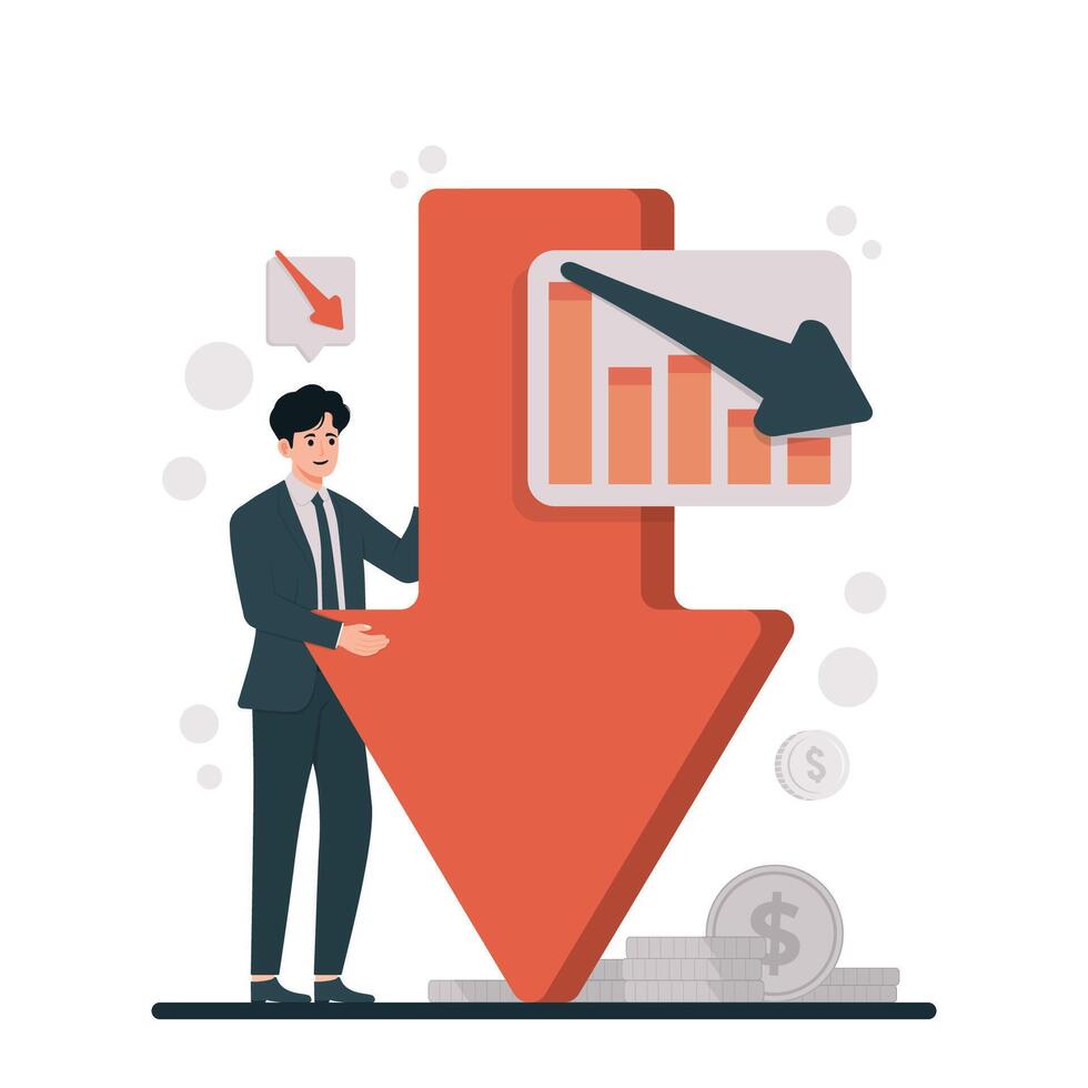Cost reduction concept Businessman with arrow down. Concept of economic crisis. illustration in flat style vector