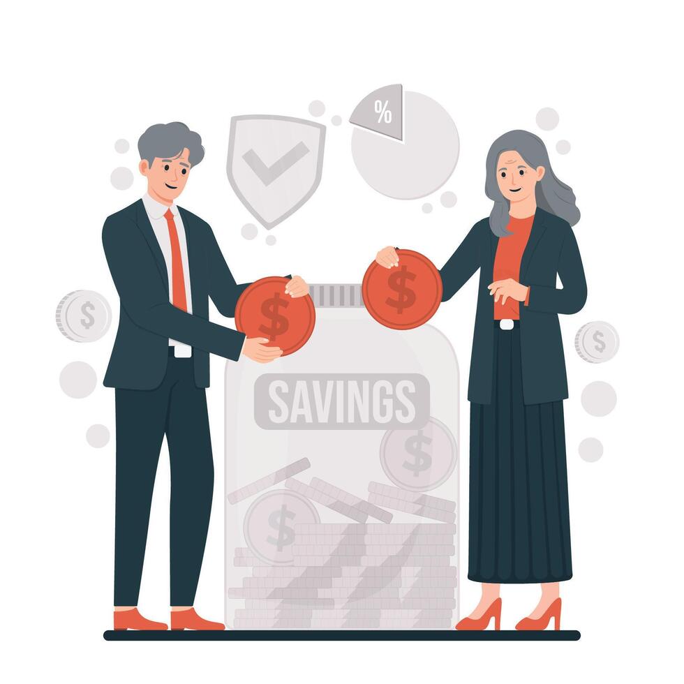 Saving money concept illustration featuring retirement planning, banking, and financial growth elements vector