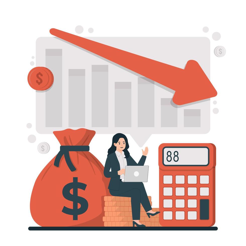 Cost reduction concept illustration of a businesswoman sitting on a pile of money with a laptop and a red arrow. vector