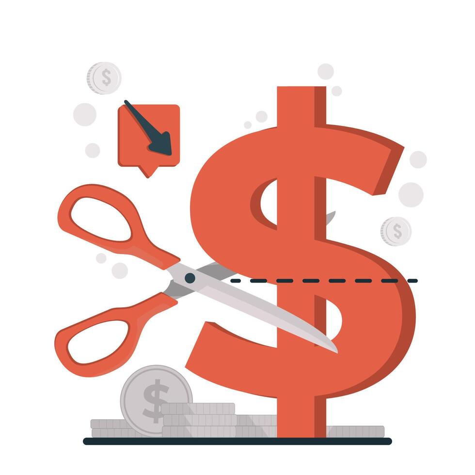 Cost reduction concept Scissors cutting dollar sign. Flat design. illustration on white background. vector