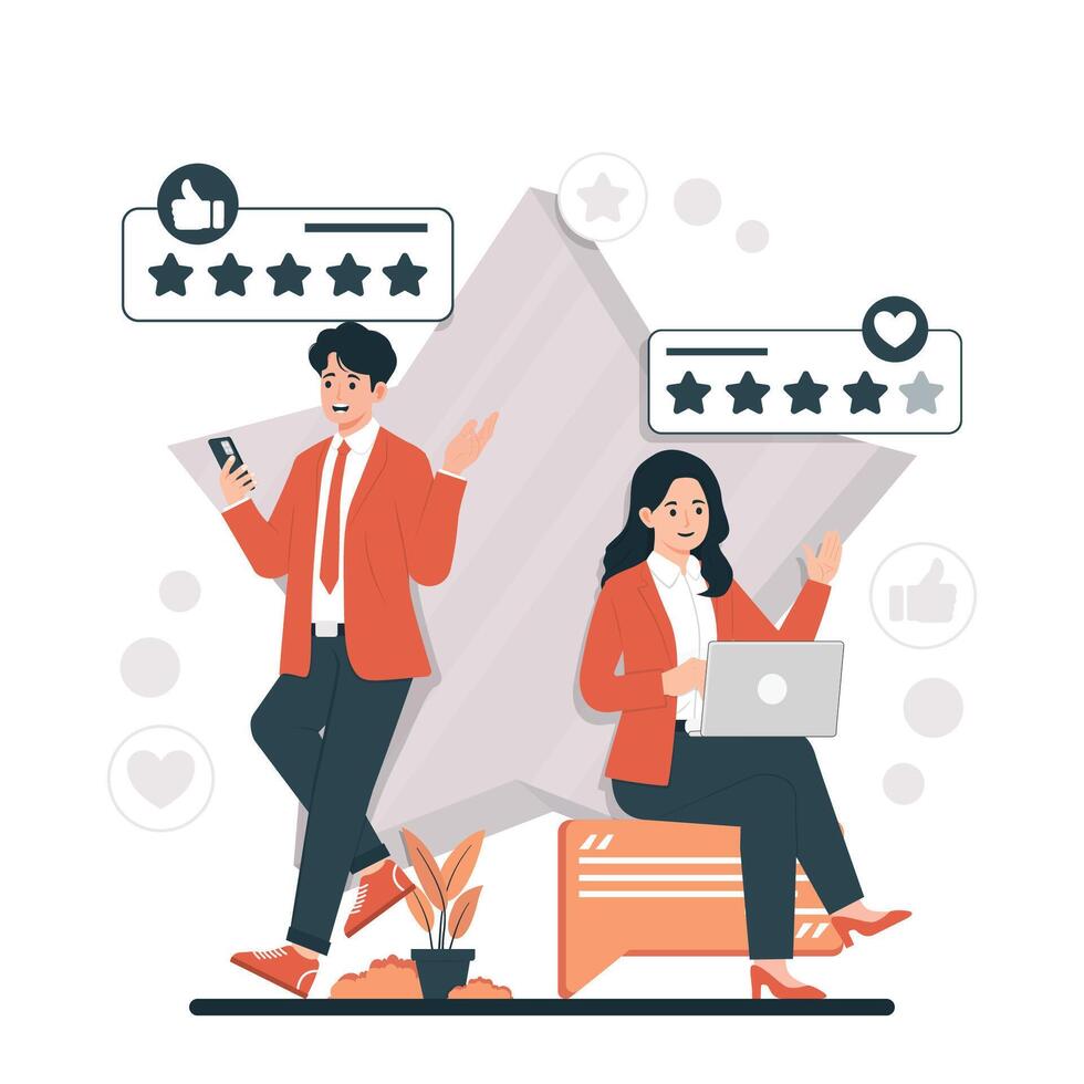 Customer review concept. Flat illustration. Man and woman with laptop, mobile phone and rating stars. vector