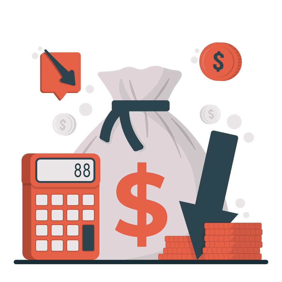 Cost reduction concept Flat design illustration concept of business and finance. Money bag, calculator, coins and graph. vector