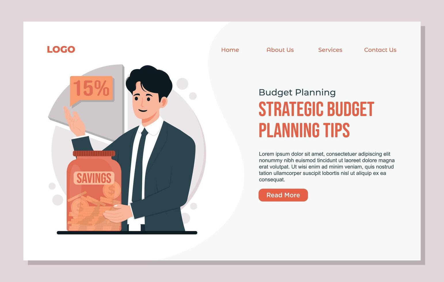 Budget planning saving Landing Page Template. Businessman with a jar of money. illustration vector