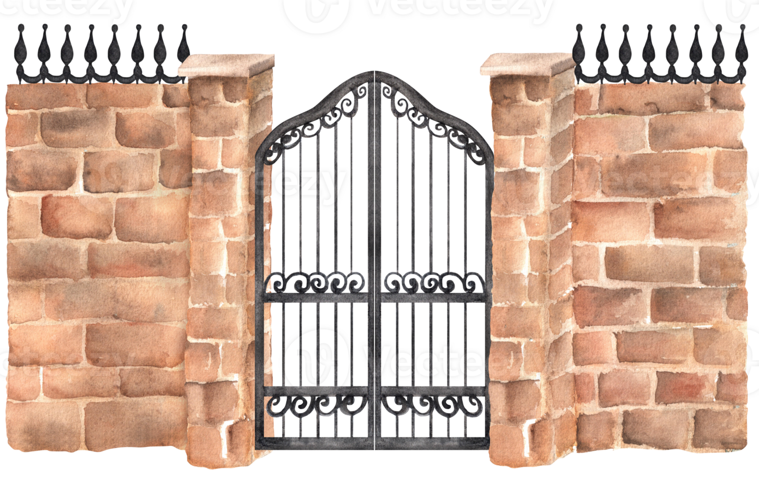 Red brick wall with pillars and black openwork iron gates. Old garden clipart. Hand-drawn watercolor illustrations. For scrapbooking, postcards, invitation design png