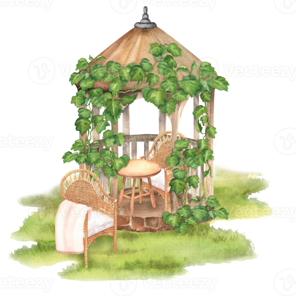 An ivy-covered gazebo and wicker garden furniture, wooden table and pink blanket. An old garden scenery. Green meadow. Garden clipart. Hand-drawn watercolor illustration. For postcards, invitations png