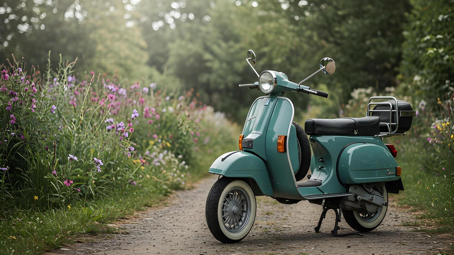 Teal scooter on a dirt path in a flower garden photo
