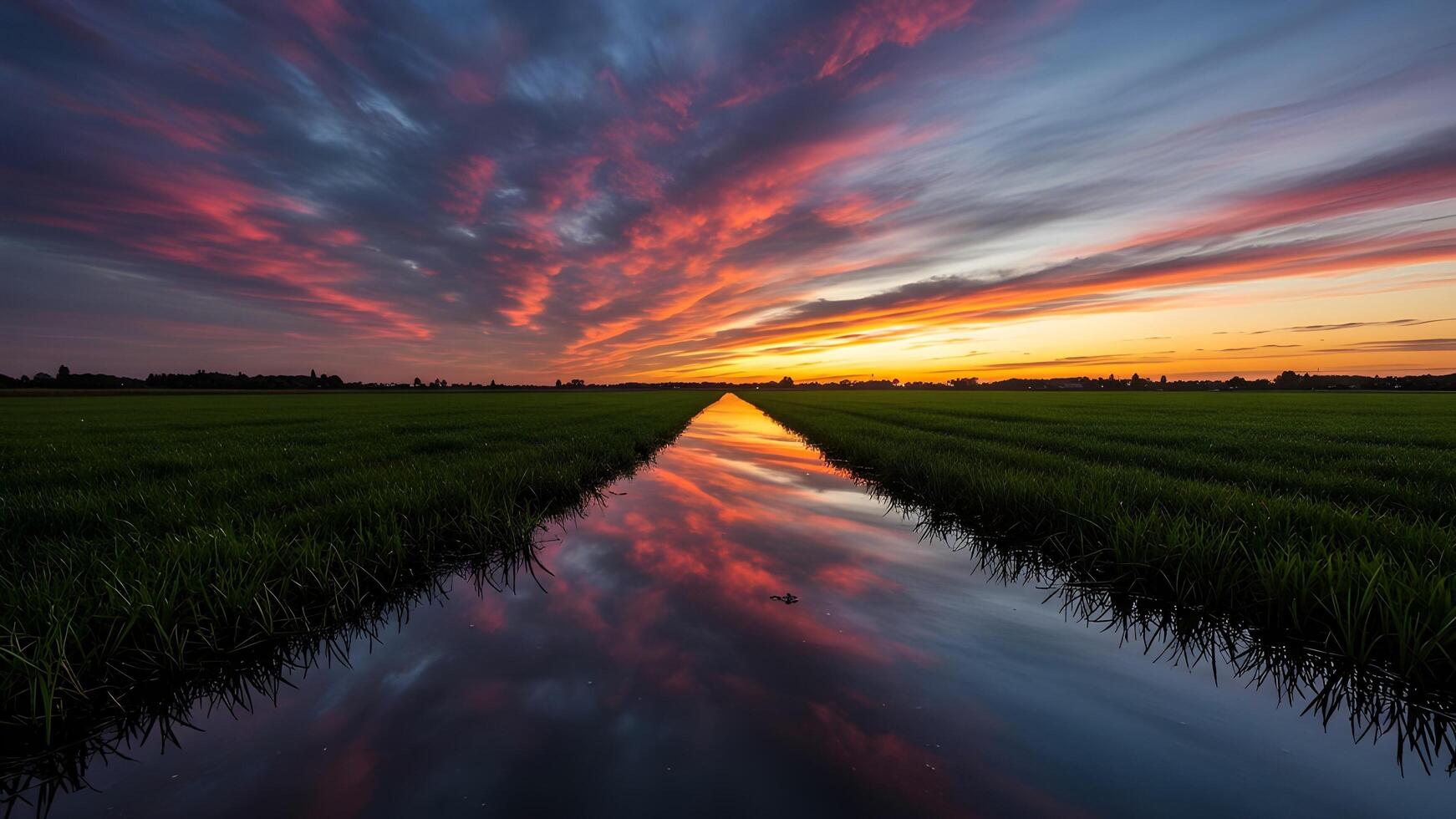 Sunset reflection in canal over fields photo