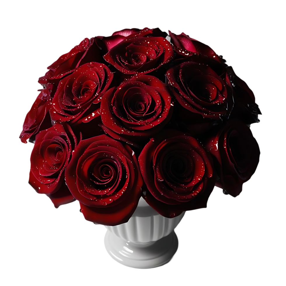 Elegant Bouquet of Red Roses with Dew Drops in a White Vase png