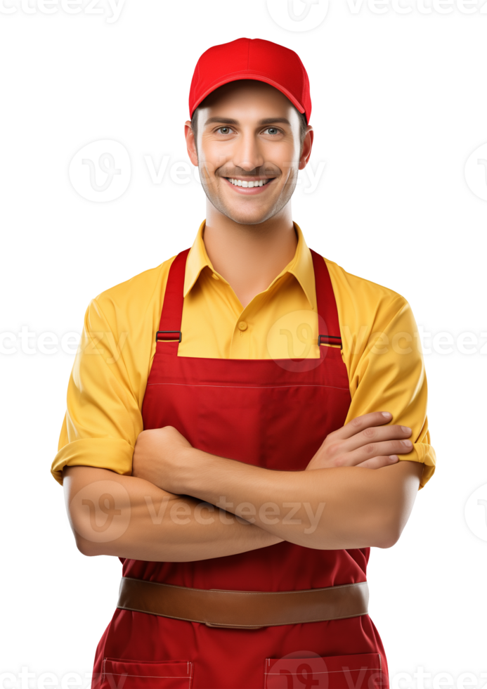 Male Fast Food Worker Crossed Arms Isolated on Transparent Background png