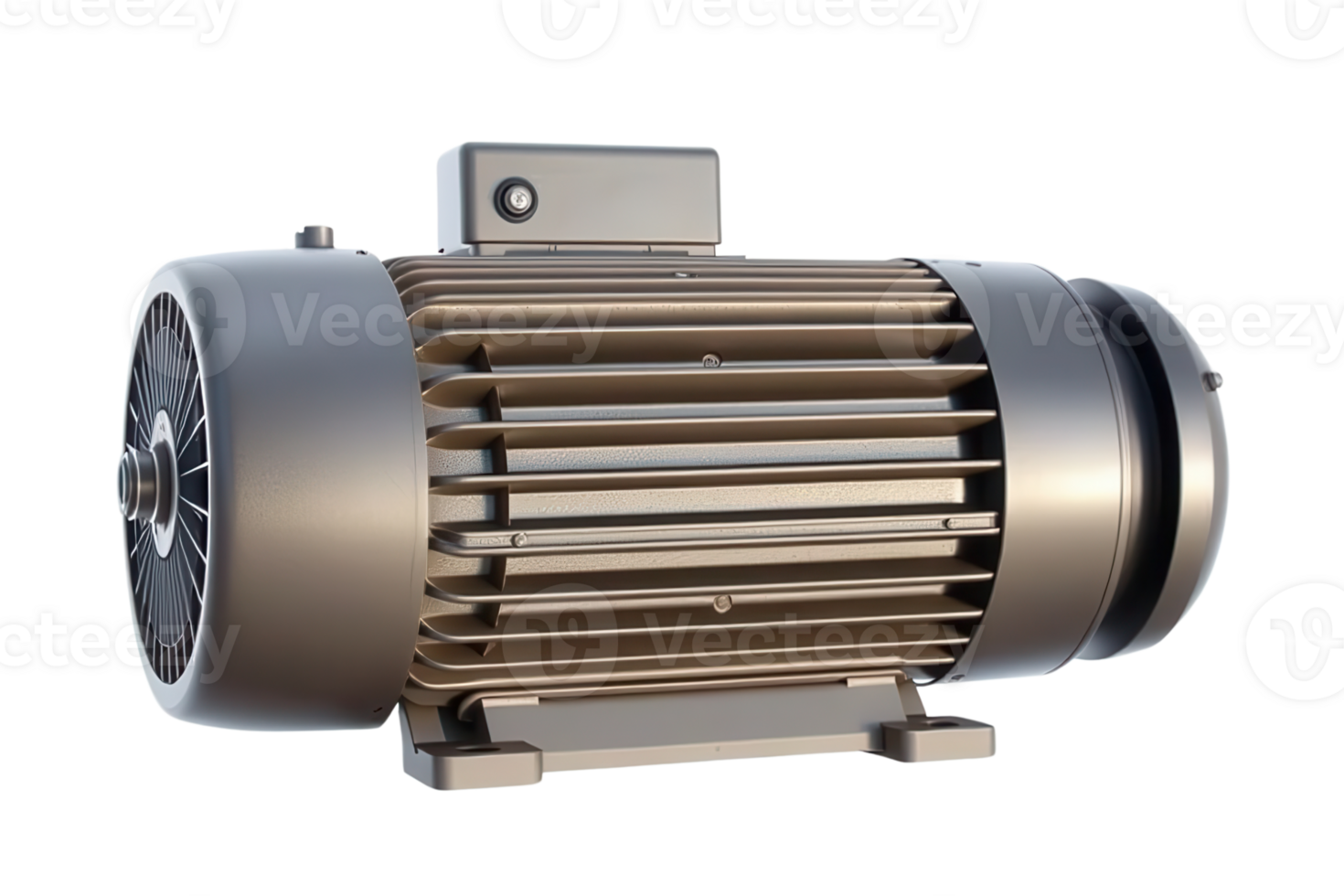 An electric motor with a metal housing and cooling fins isolated on a transparent background png