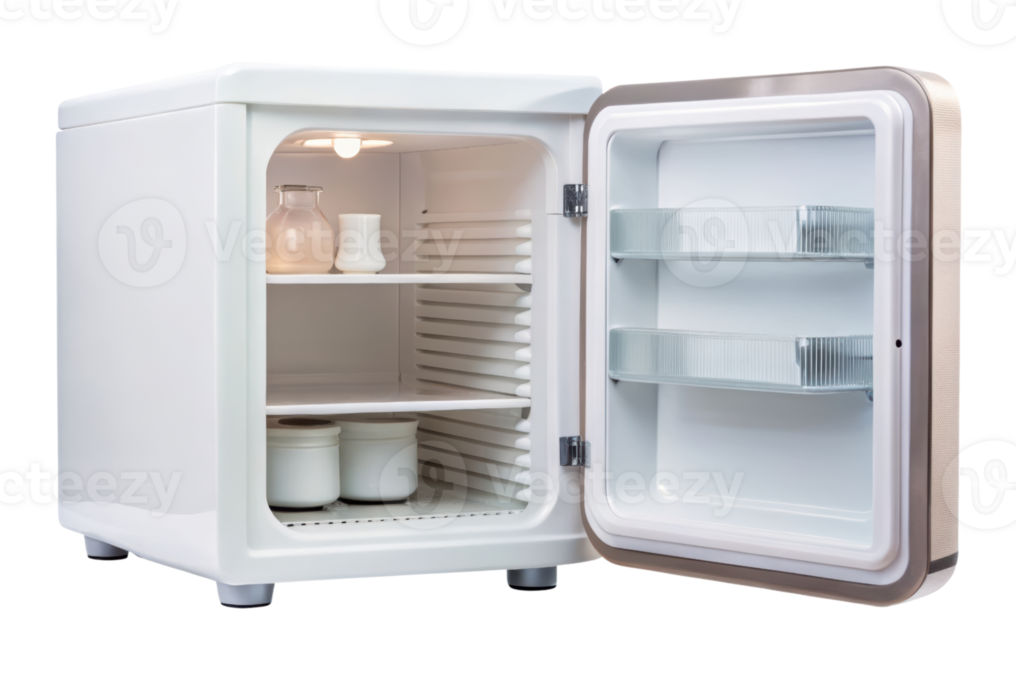 Small white refrigerator with glass shelves and an open door isolated on a transparent background png