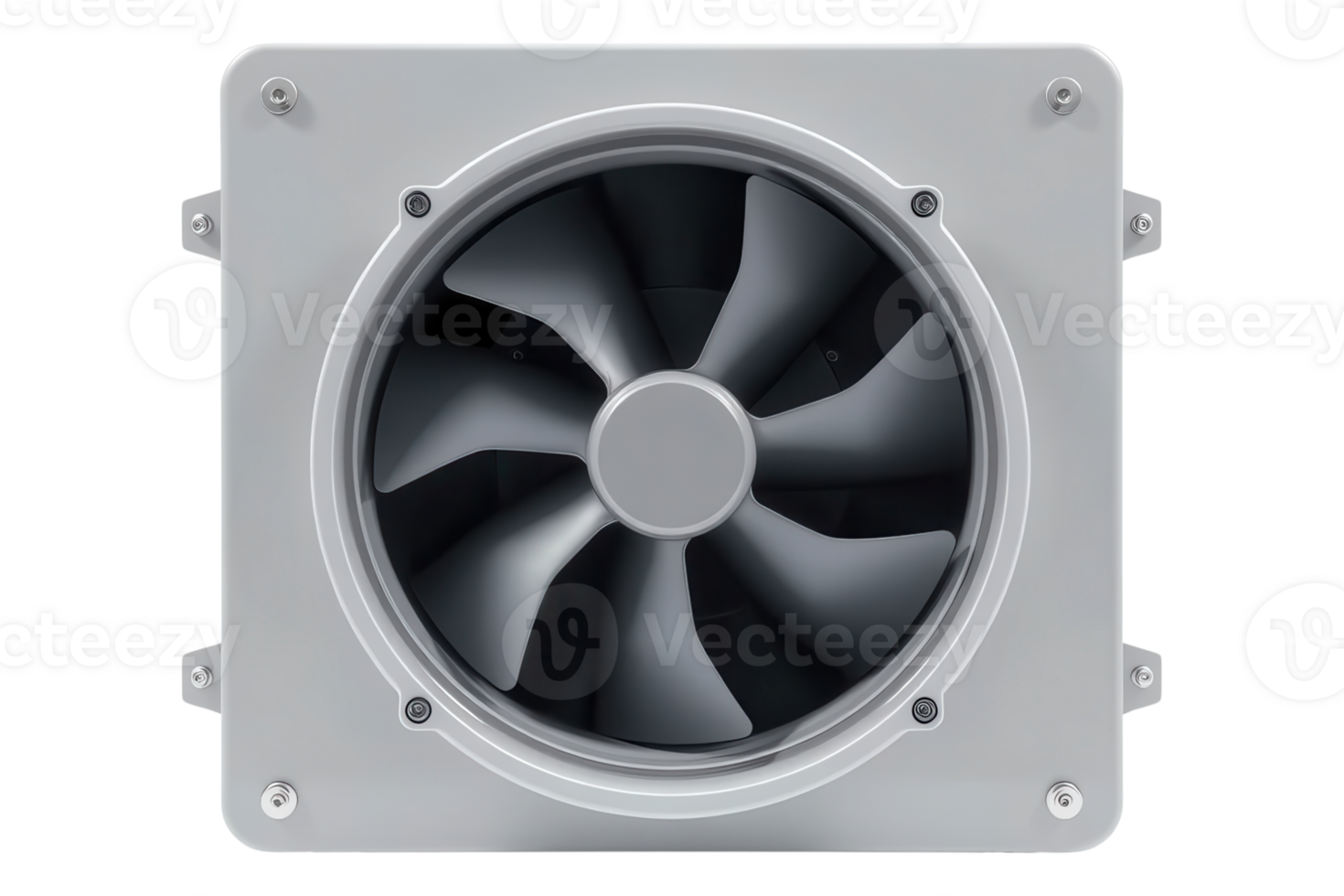 A square industrial fan with metal blades and housing isolated on a transparent background png