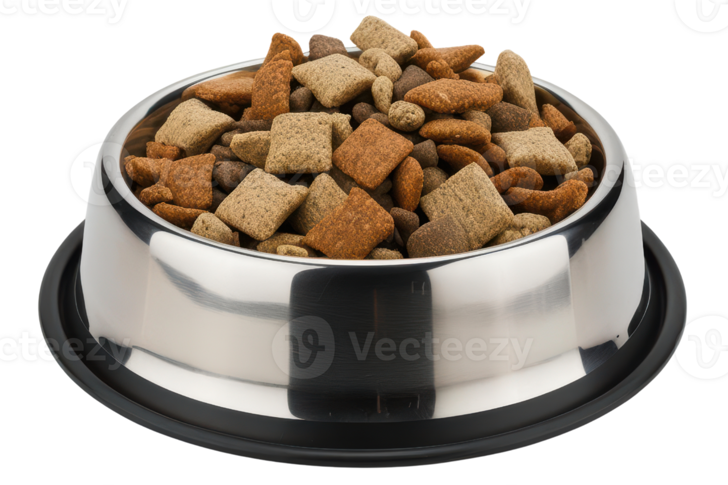 A stainless steel bowl filled with dry pet food isolated on a transparent background png